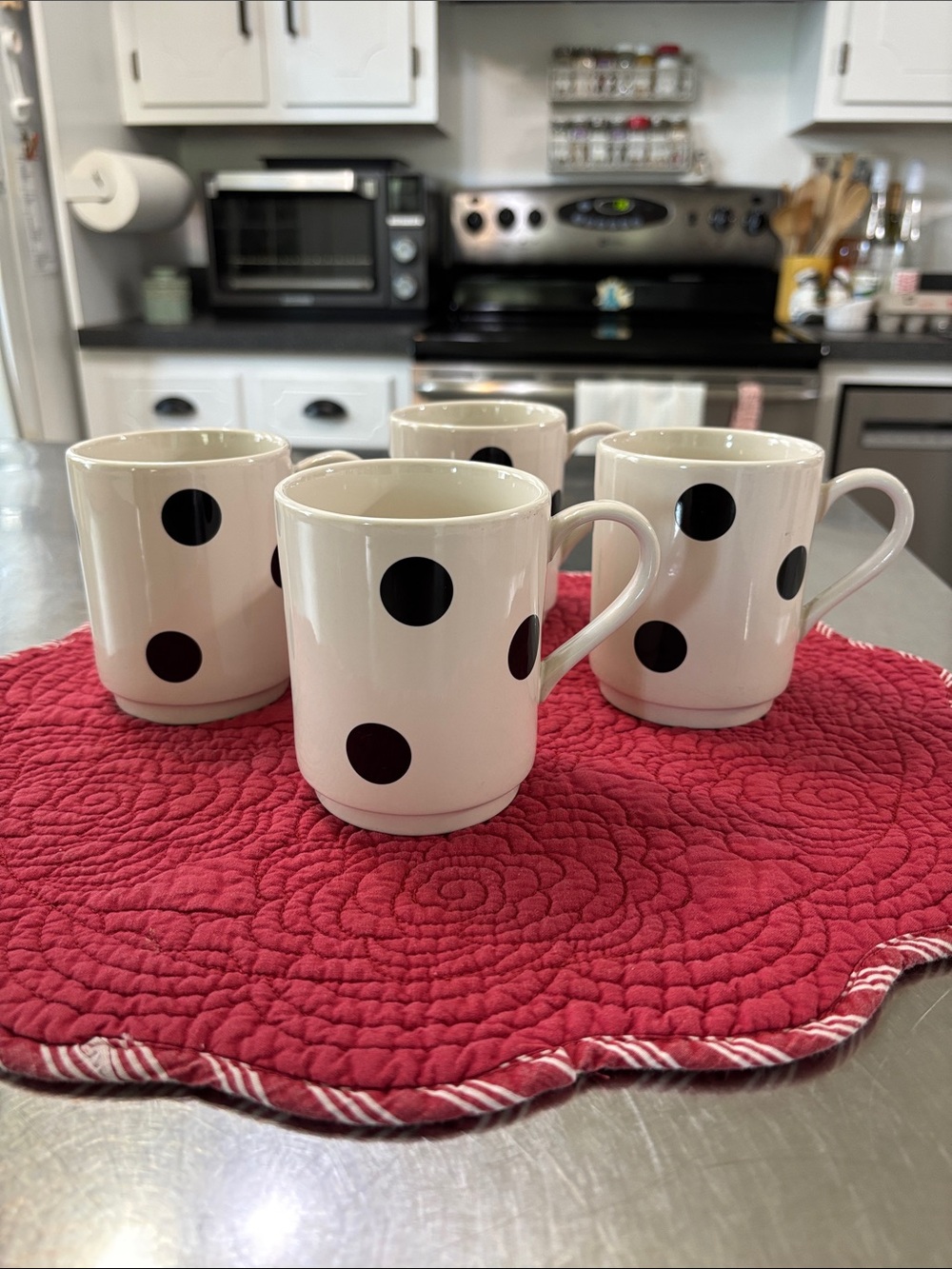 Kate Spade LENOX White Ceramic Mugs with Black Polka Dots - Set of 4
